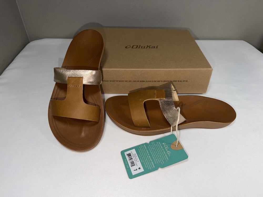 Olukai Kaekae Lile Size 7 Metallic Gold Tan Leather Slides Sandals